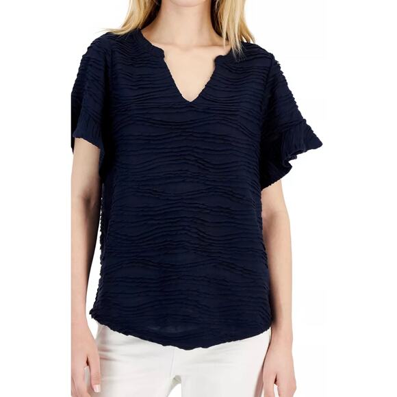 Willow Drive Textured Blouse Short Flutter Sleeves Lightweight Navy Blue S NWT - Picture 1 of 10
